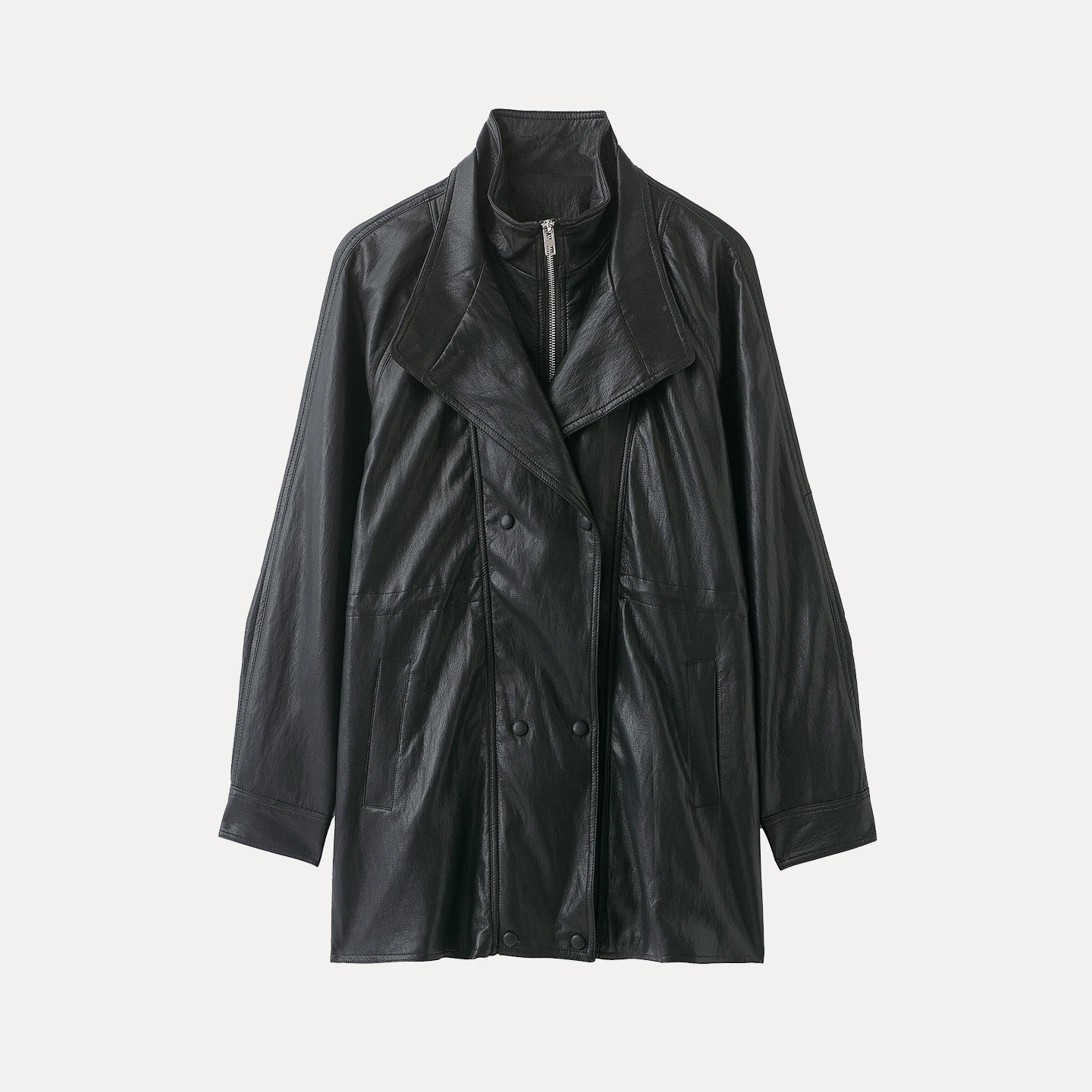 معطف نسائي من Faionable بلون نقي طويل من الجلد Sve للخريف بتصميم جديد Sle مع سحاب للإغلاق معطف متوسط الطول #5