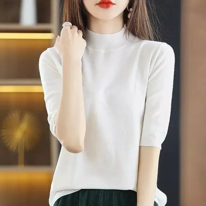 Comfortable Women\'s Clothing Spring Summer Round Neck Half Sleeve Solid Color Pullover Sweater Knitted All-match Sweet Tops