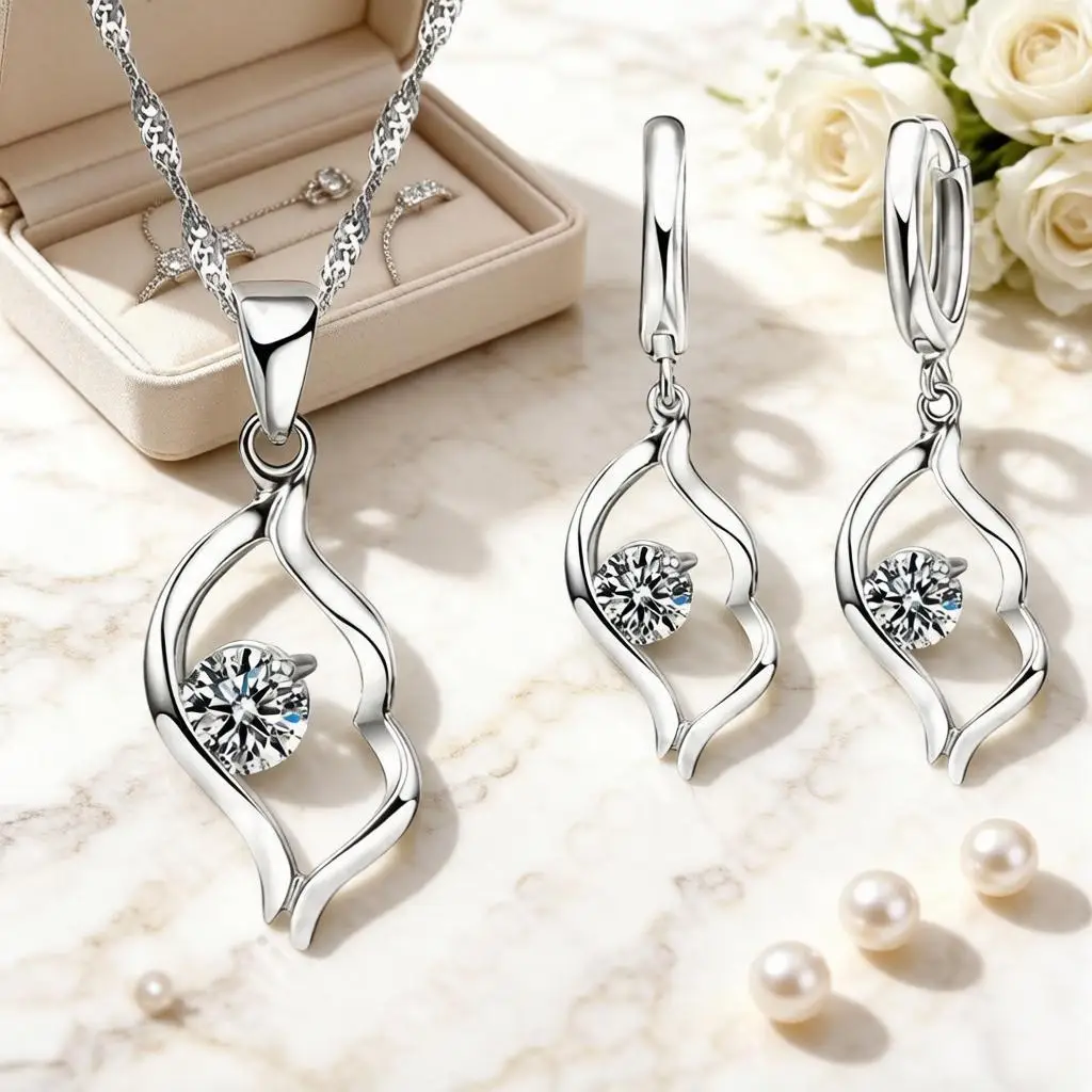 

Creative 925 Sterling Silver Pod Shape Crystal Zircon Necklace Drop Earrings Set for Woman Girls Engagement Party Jewelry Gift