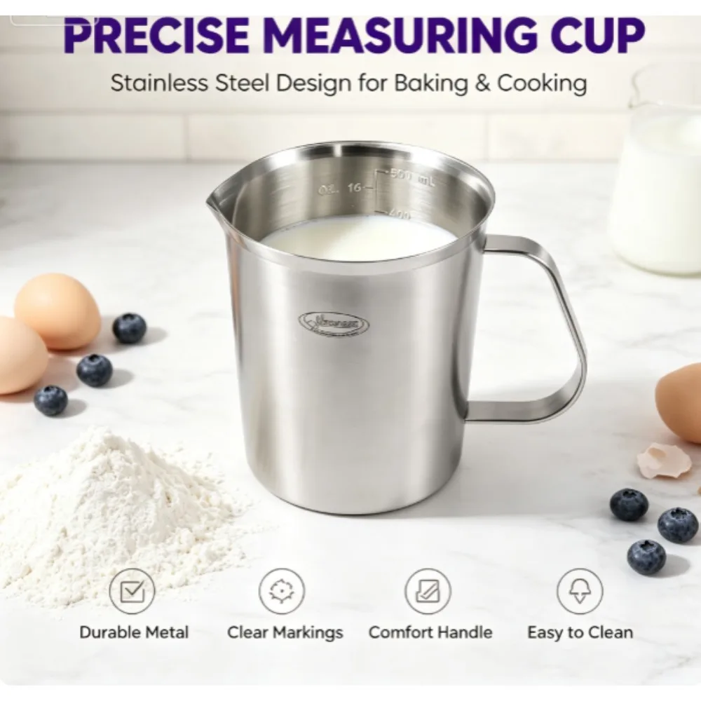 Newness Stainless Steel Measuring Cup, Metal Measuring Cup with Handle (Upgraded Version, 3 Scales, including Cup/Milliliter/Ounce Scales), 16 oz (0.5 liters, 2 cups)