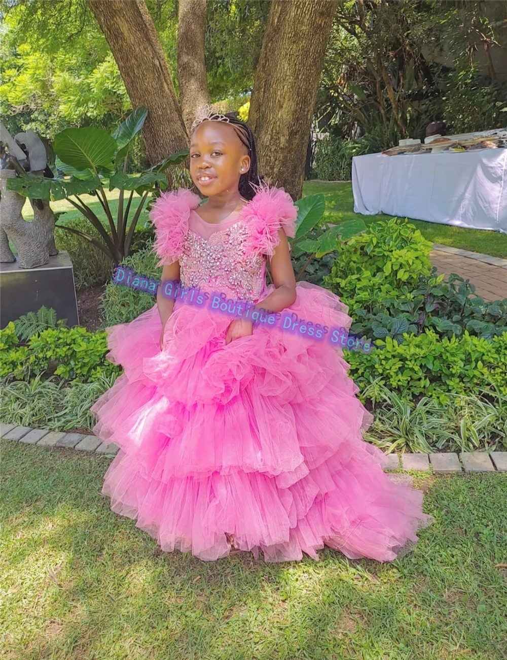 Vestido de tul con flores para niña, fiesta de boda, vestidos de noche de cumpleaños para niños, faja rosa, lentejuelas superpuestas personalizadas