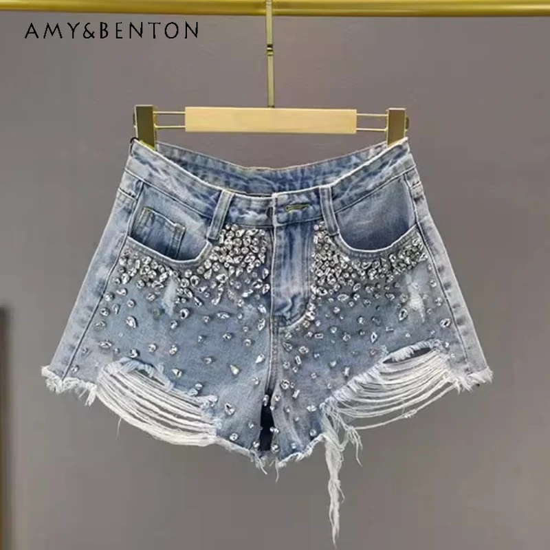 

New Heavy Embroidery Diamond Drills Denim Shorts Women's New Blue Color High Waist Raw Hem A-line Pants Slimming High-End Shorts