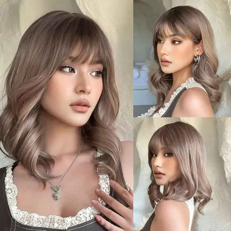 Brown Ombre Wig with Bangs Short Curly Wavy Bob Wigs Shoulder Length Synthetic Wig Daily Use Heat Resistant Fake Hair for Women