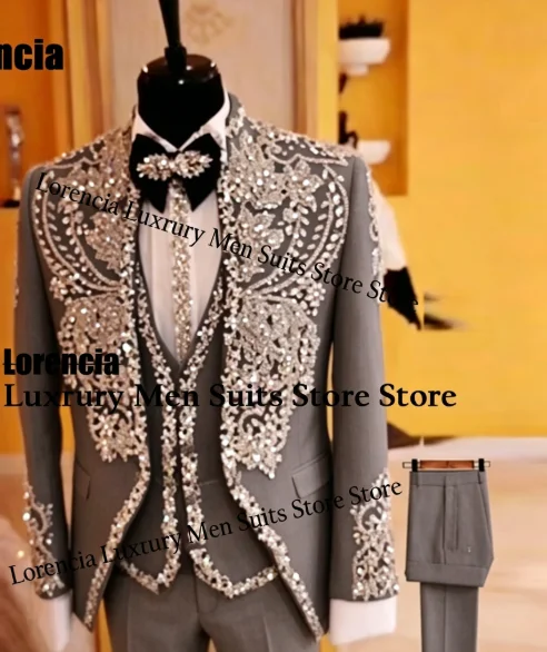 Customized High End Crystal Diamond Men Suit 3 Pieces Set Male Party Blazers Sparkly Groom Wedding Tuxedos Slim Rhinestone Homme