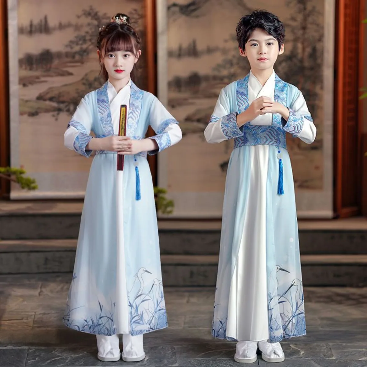 

Kids' Traditional Sinology Clothing, Boys' Ancient Costume for Three-Character Classic, Chinese Style Stage Wear Have Fu Girl