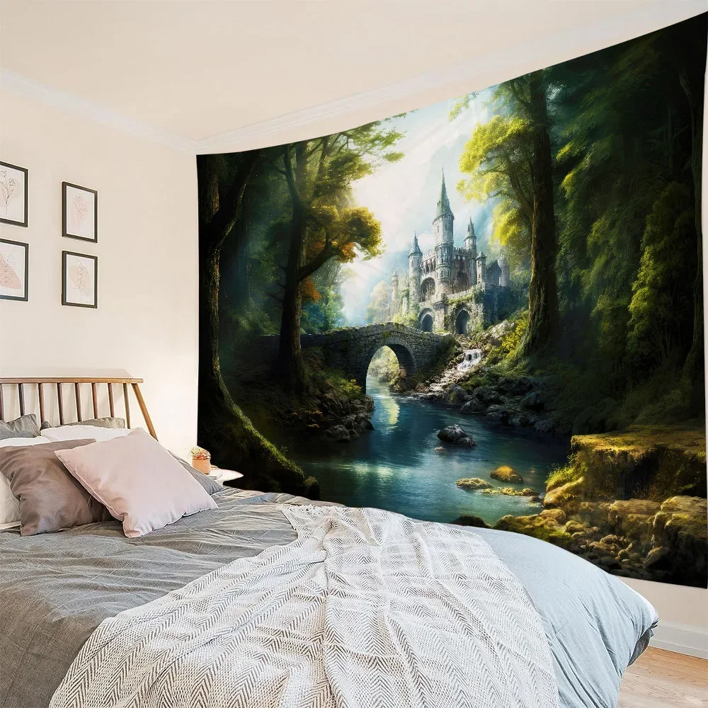 Dreamy landscape tapestry, grassland forest wall hanging cloth, living room and bedroom background, aesthetic home decoration