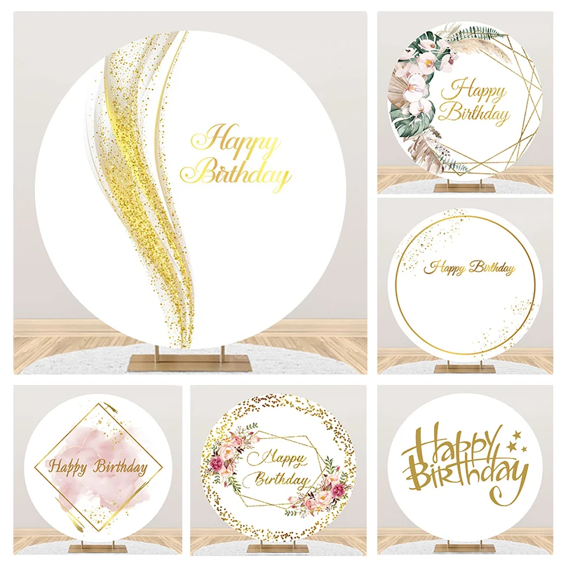 Laeacco White Birthday Round Backdrop Cover Gold Glitter Floral Adult Kids Men Women Portrait Customized Photography Background