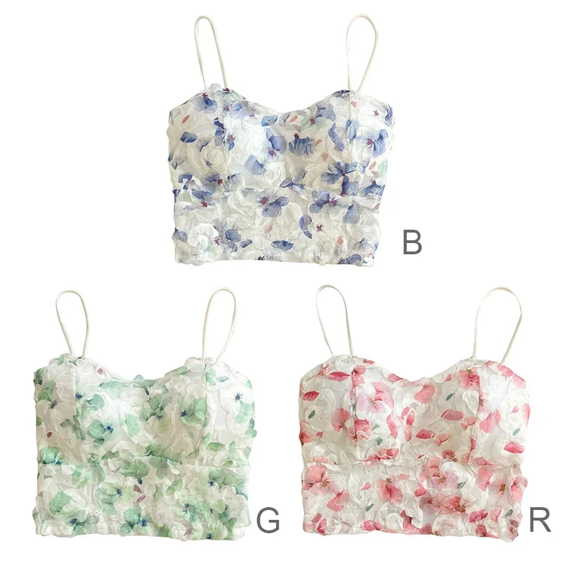 Teen Girl Cropped Tops with Bra Pads Summer Corset Korean Floral Suspenders Vest Sexy Camisole Slim New