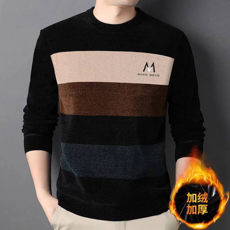 

Autumn Winter Thick Contrast Knitting Pullovers Top Long Sleeve O-Neck Plus Size Sweaters New Fashion Casual Men's Clothing