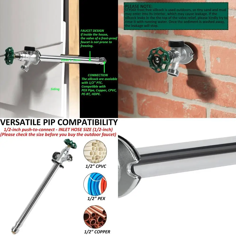 Grifo exterior antisiphon de latón de 3/4 MHT con 1/2 pulsador para conectar, compatible con tuberías de cobre, PEX, CPVC, 8 longitudes