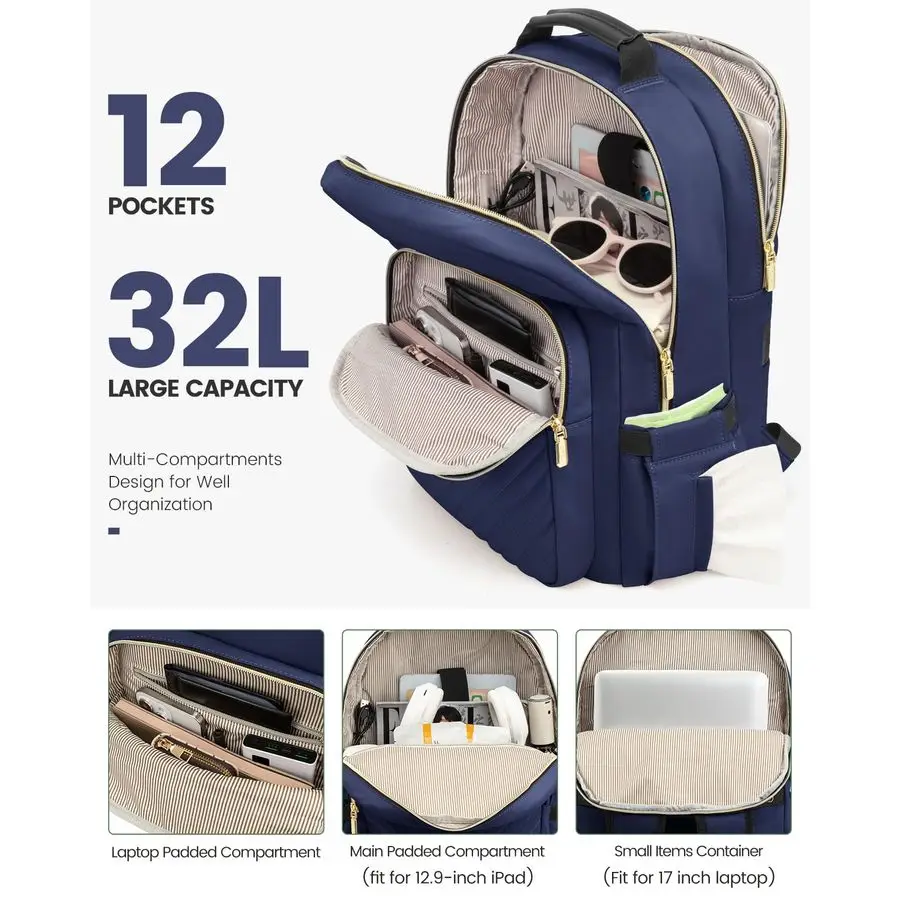 Laptoprugzak voor dames, 17-inch reiscomputer werktassen met grote capaciteit, zakelijke verpleegstersrugzak portemonnee voor dames, rugzakken