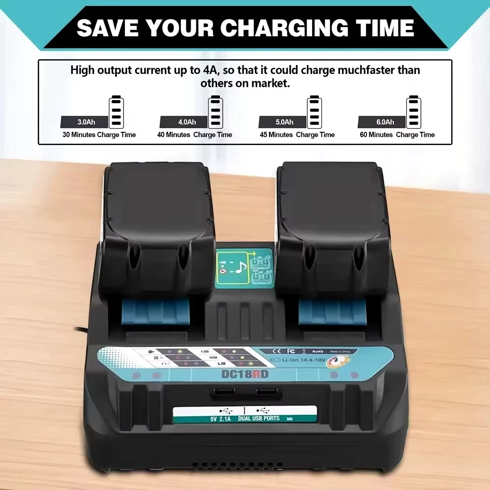 Newest Double Li-ion Battery Charger 4A Charging Current for Makita 14.4V 18V BL1830 Bl1430 DC18RC DC18RA and More Fast Charging image 4