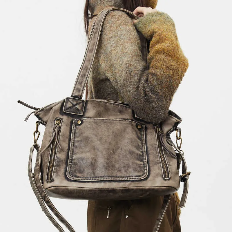 

Women Vintage Casual Tote Soft Leather Vegan Leather Multi Pockets Large Capacity Cross body Shoulder Bag