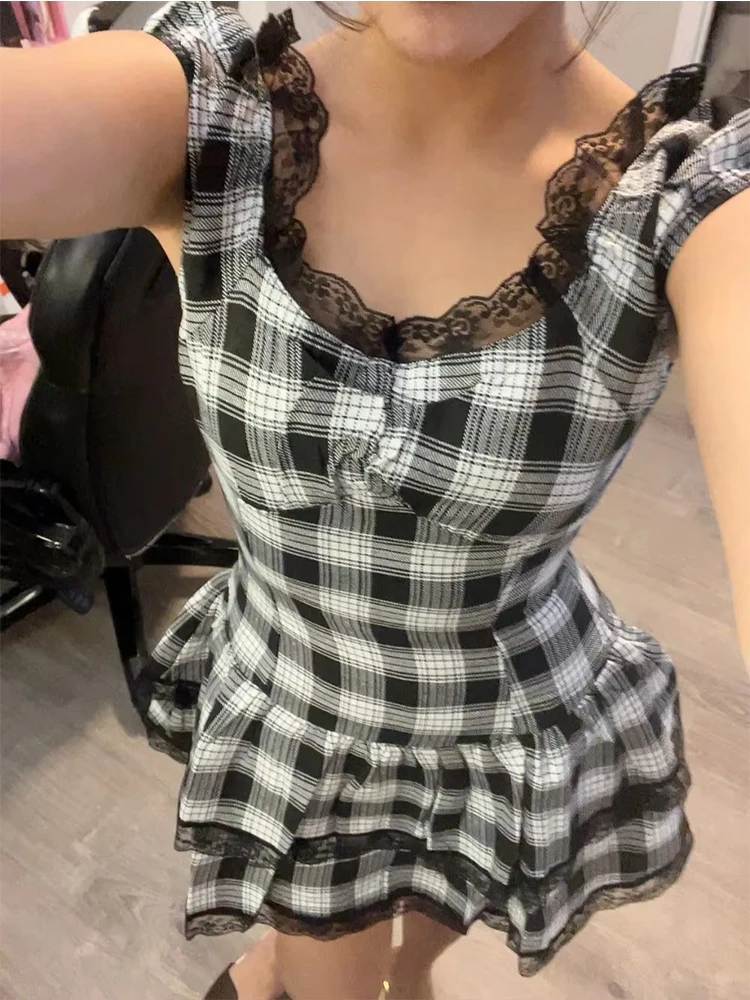 Gothic Harajuku grid pattern dress fashion silmY2K tops emo girl grunge punk street retro American style sexy lace women's dress