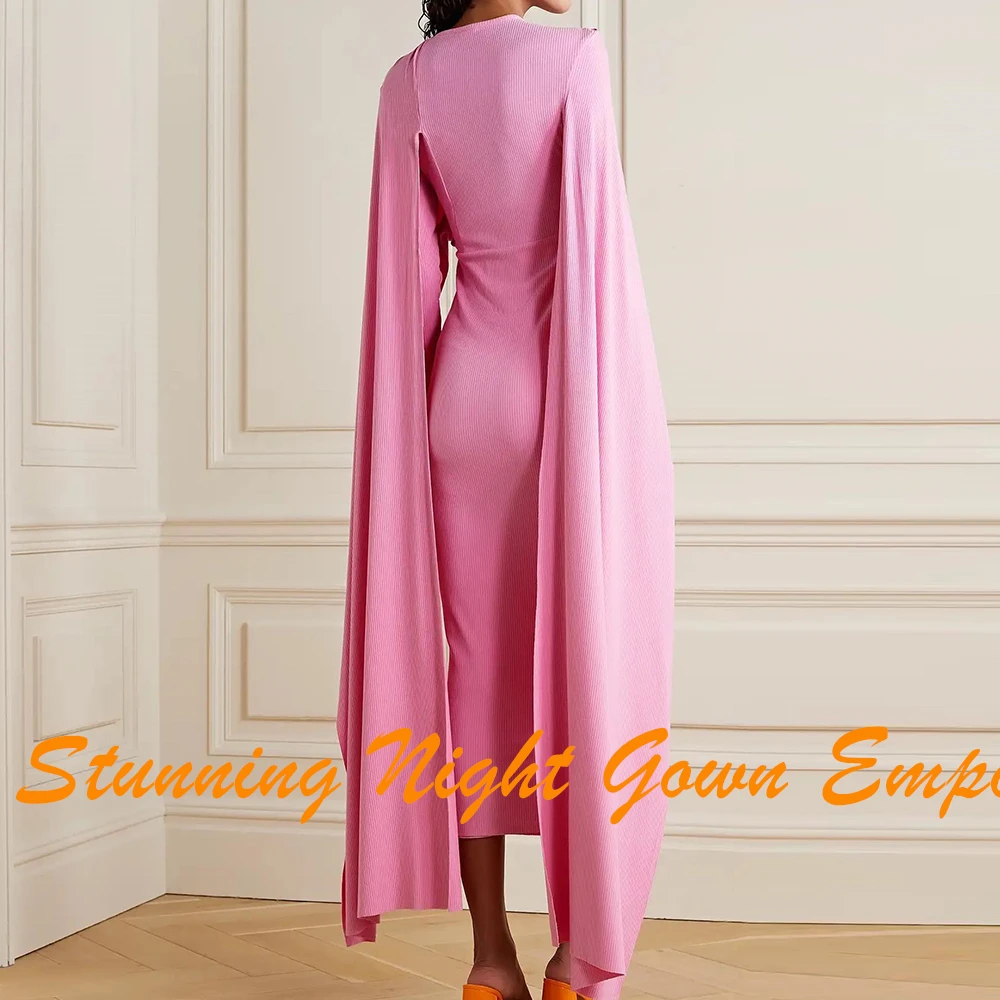 Customized Modern Watteau Train Pleats Evening Dresses Fashion Straight Pink Jersey Crew Neck Tea Length Party Gowns فساتين سهرة