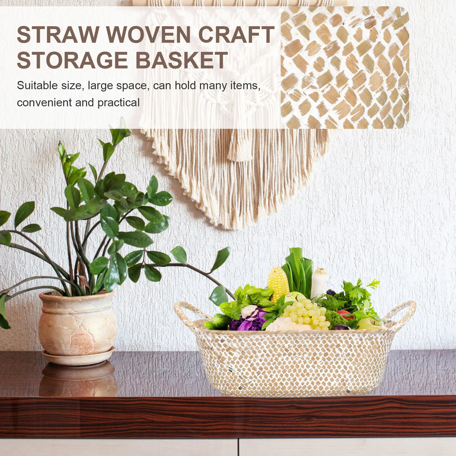 

Woven Storage Basket Straw Decorative Container Large Space Multi purpose Desktop ganizer Holds Many Items Noble
