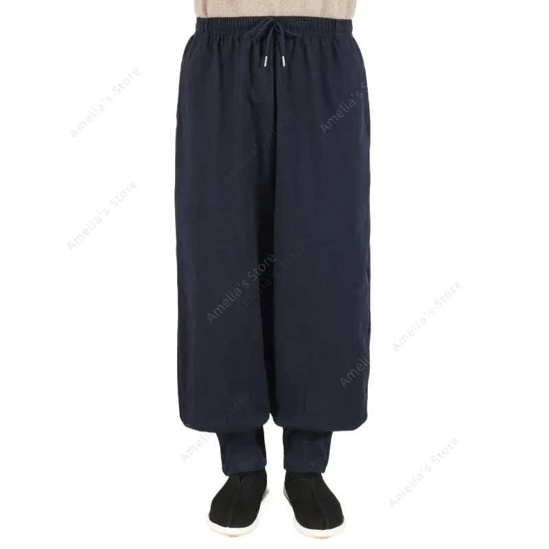 Men's Cotton Buddhist Monk Pants for Meditation Elastic Waist Loose Fit Zen Yoga Trousers for Spring Autumn