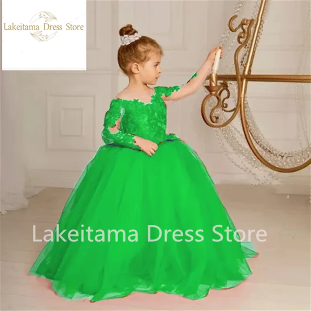 New Red Fluffy maniche lunghe Flower Girls Dresses Beautiful damigella d'onore Birthday Gown Lace Bow Prom Party Dresses