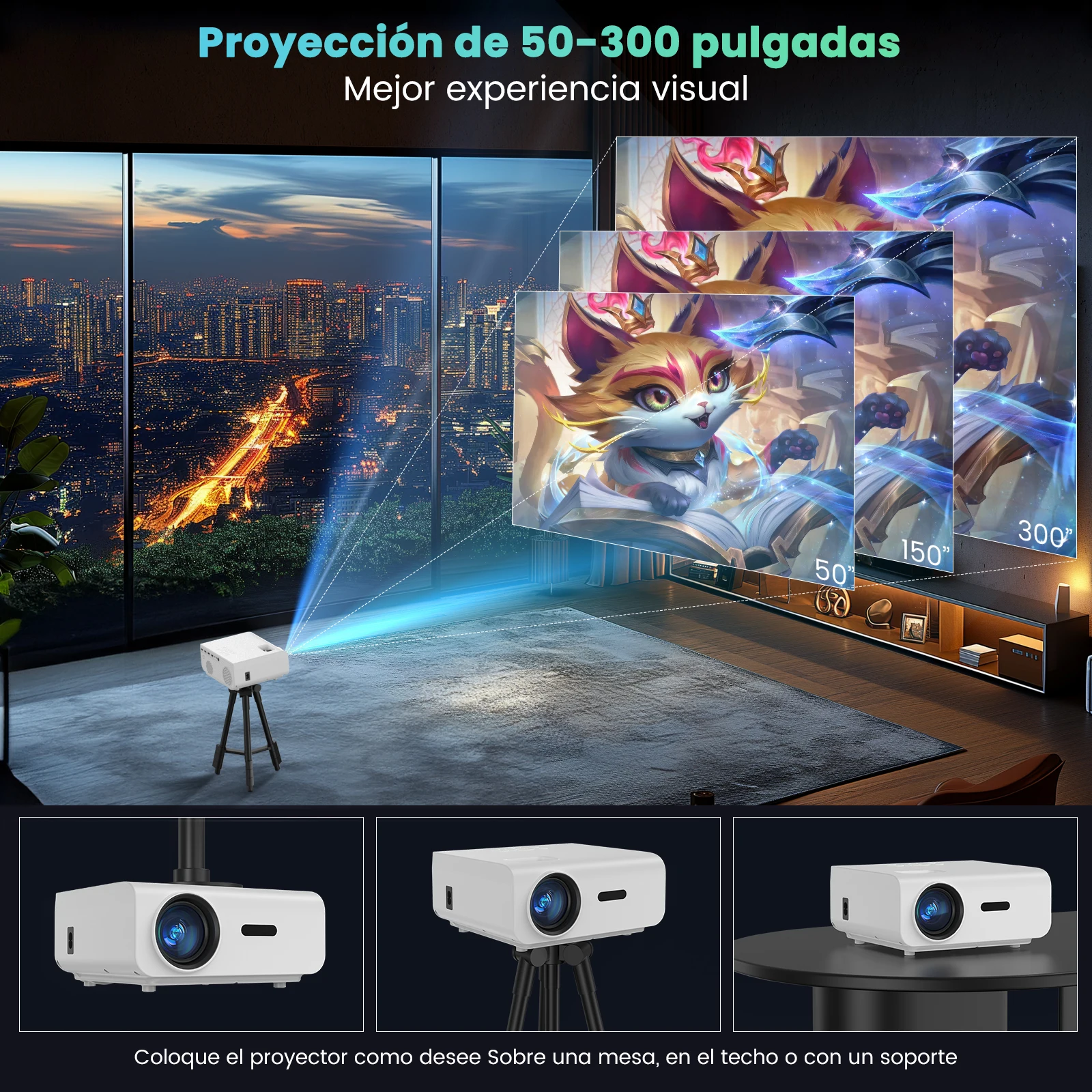 HOPVISION Projector, Mini Projector WiFi Bluetooth Full HD 1080P, Projector 4K Home Cinema Supported with Zoom Function