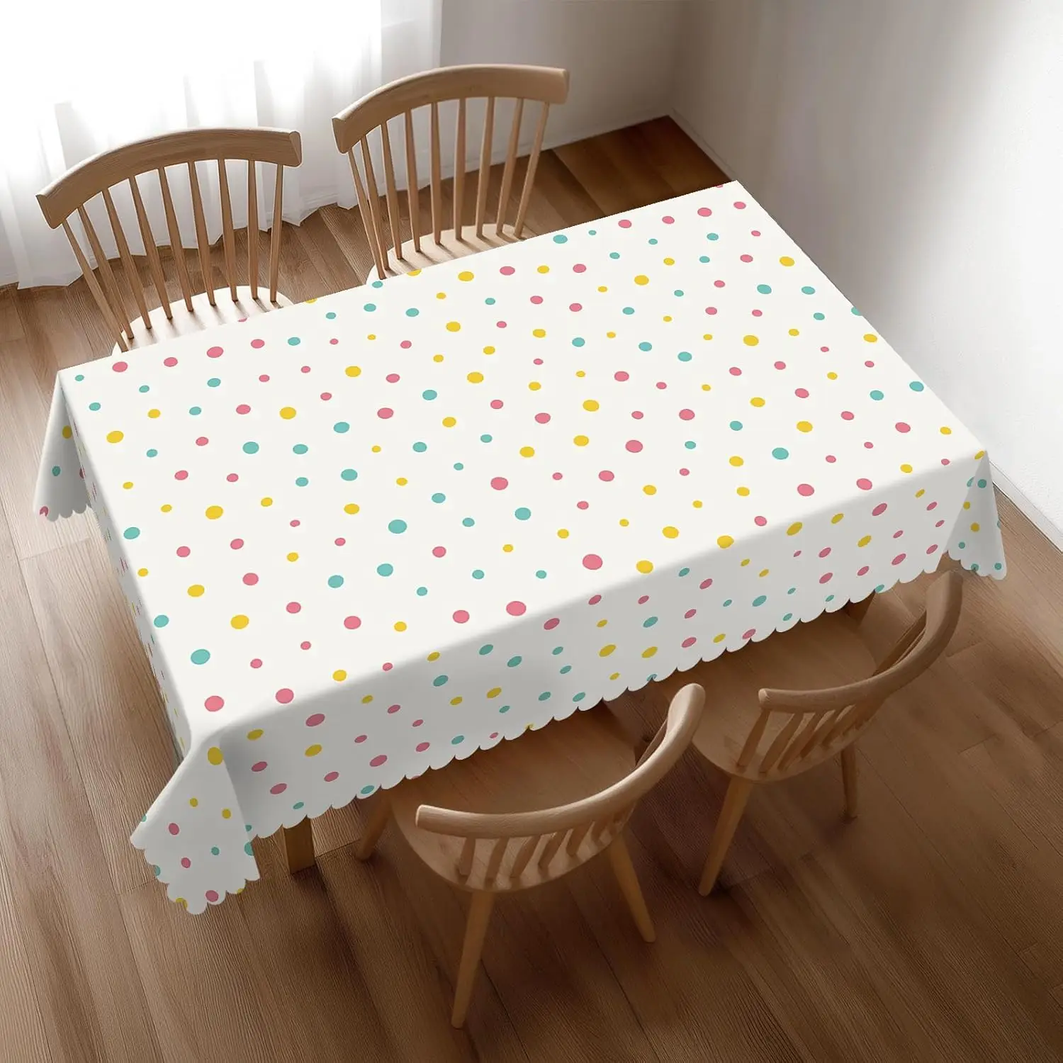 Rainbow Confetti Polka Dot Tablecloth, Premium Colorful Geometric Table Cover for Vibrant Festive Kitchen Party Decor