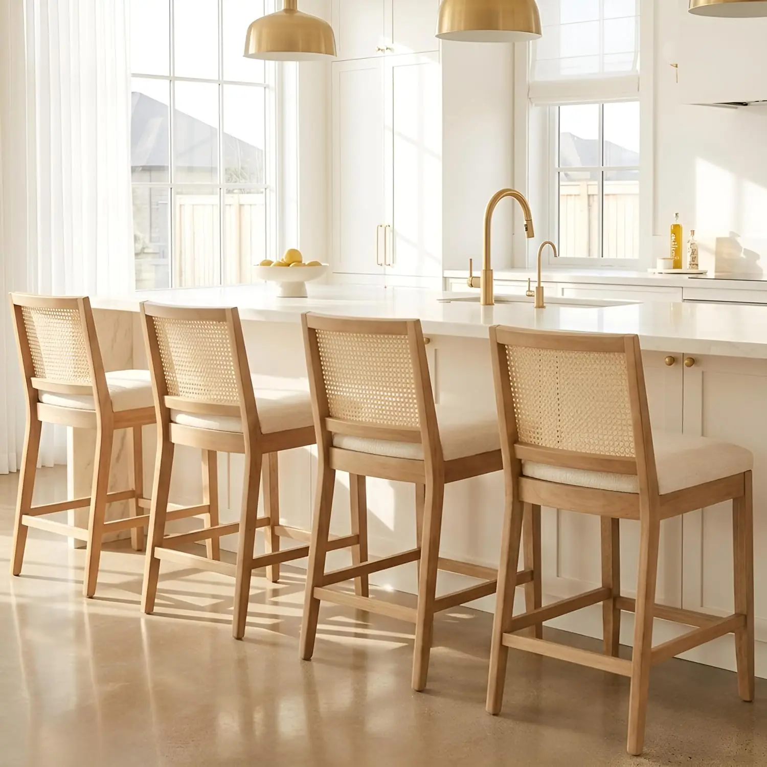 

26.5" Rattan Bar Stools Set of 4 Modern Linen Fabric Upholstered Counter Height Bar Stools, Kitchen Island, Customized
