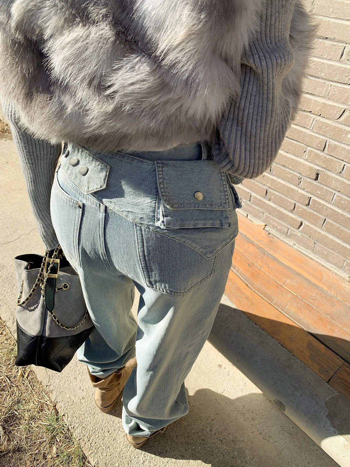 

Retro American Blue Fce Lined Thiened Loose Women's Jeans Casual Winter Straight Leg Cotton Blend Warm Comfortable Fit