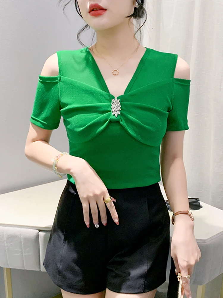 Ele Knot Diamond T-shirt da donna ort Sve V-Ne oulder Bared Slim Fit Versatile Top estivo Faion