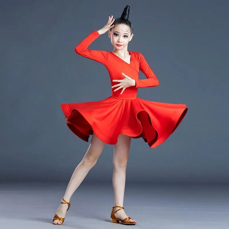 Latin Dance Skirt Girl\'s New Latin Long sleeved Skirt Dance Practice Dress Professional Competition Clothing Dress