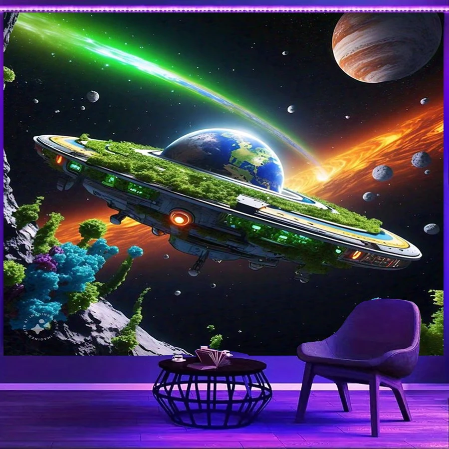 1PC Sci Fi UFO Planet Space Print Backdrop Banner, Bedroom Living Room Photo Background, Polyester, Home Decor, Wall Art