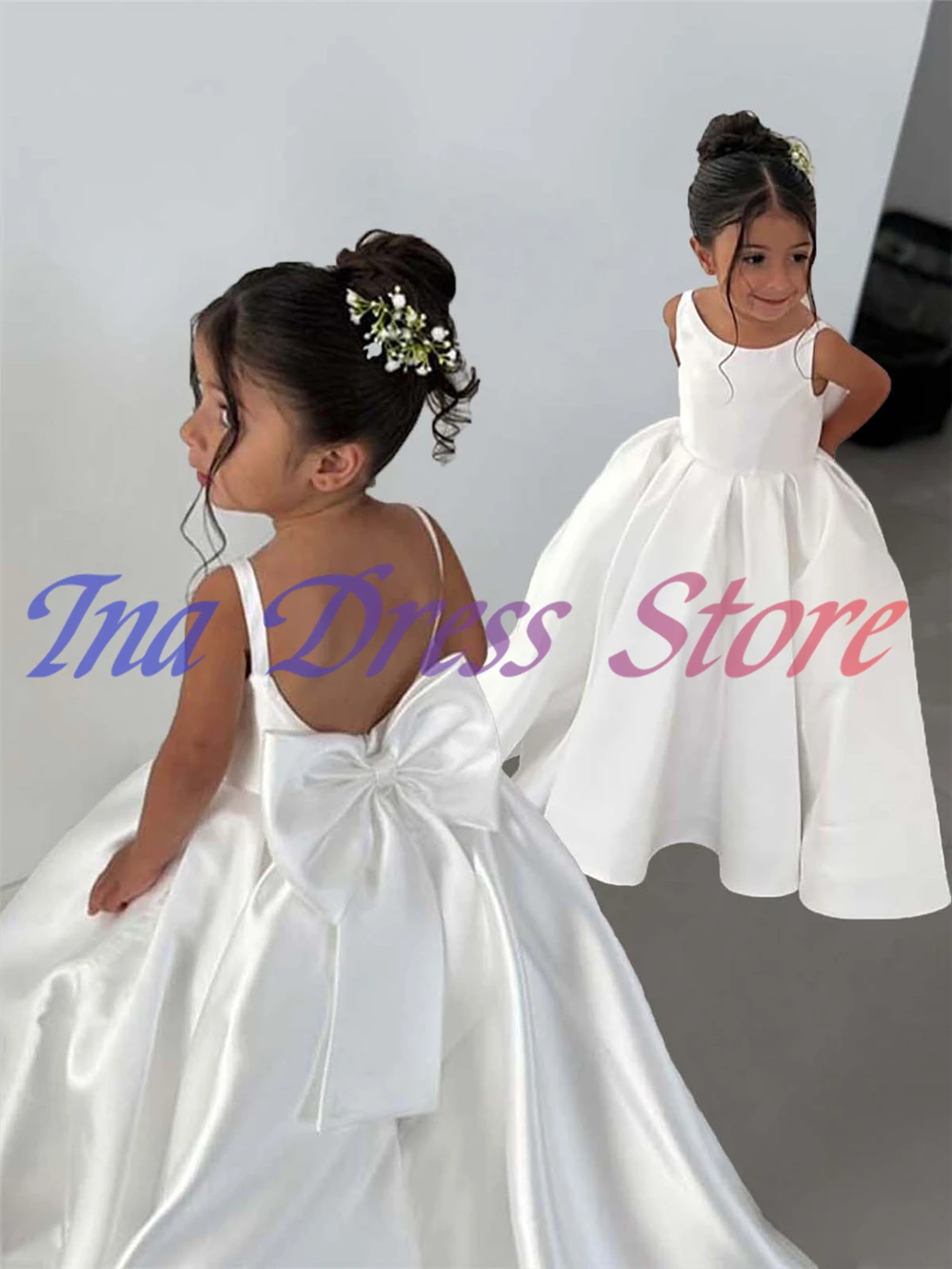Lovely Pink Flower Girl Dress Sleeveless Satin Fluffy With Bow For Kids Wedding Birthday Party Evening Ball Gowns Customisable