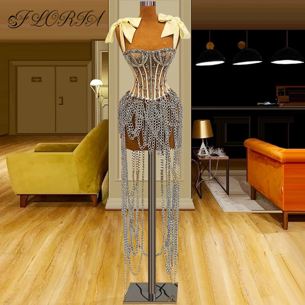 Novelty Design 2023 Spaghetti Straps Rhinestones Prom Dresses Asymmetrical Tassel Chains Corset Cocktail Party Performance Wear