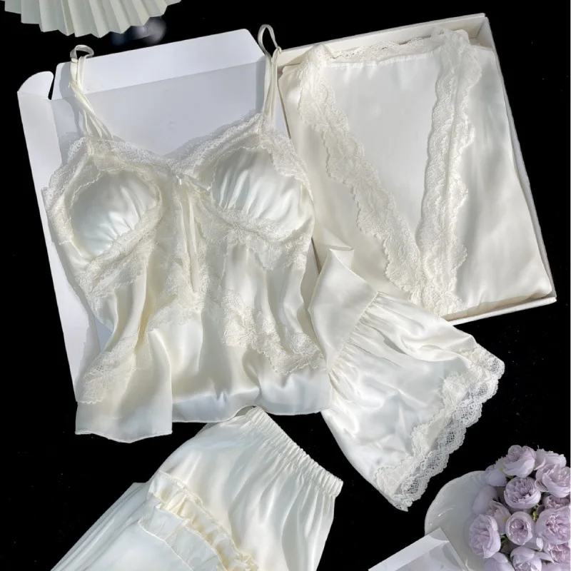 

Женский комплект пижам из 3 предметов: атласный халат, брюки и топ. Новинка весна-лето. Сексуальное домашнее белье, свободная одежда для сна и отдыха.