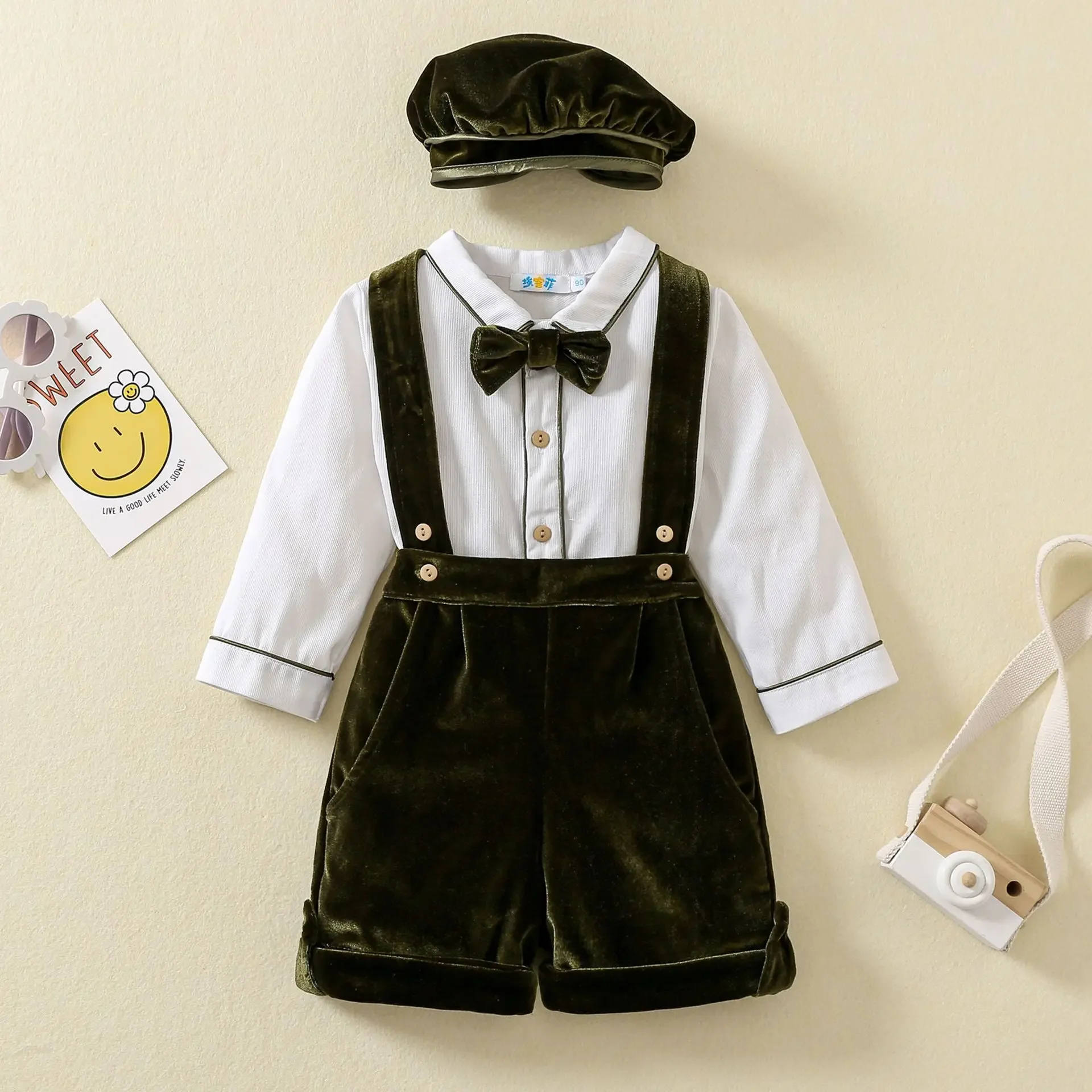 Spanish Baby Boy Clothes Set Vintage Kids Summer Suit Formal Wedding Toddler White Shirt +Velvet Suspender Pants Shorts Outfits