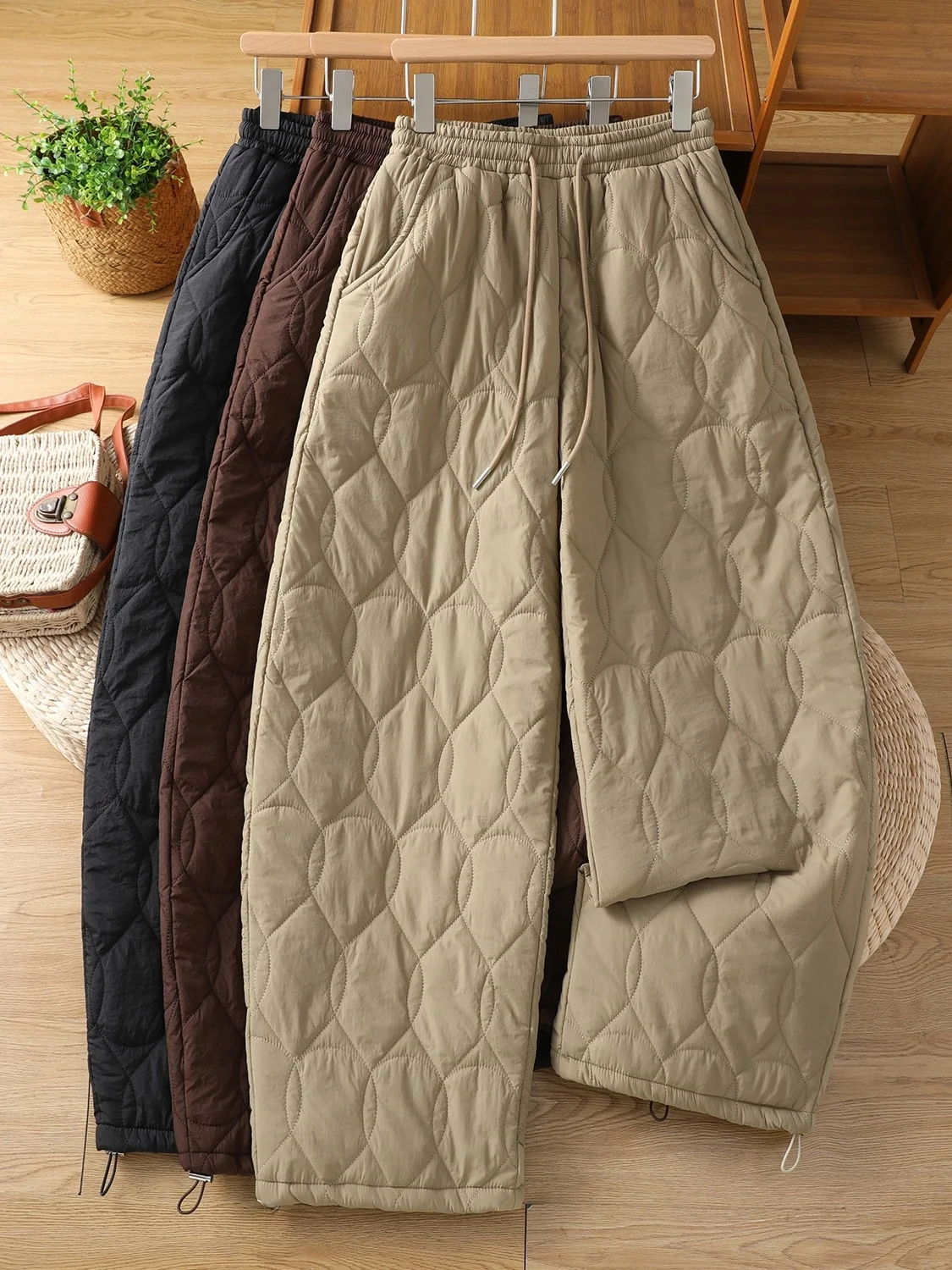 

Утепленные хлопковые брюки большого размера для женщин, зимние, теплые, повседневные, с широкими штанинами, на шнурке, с высокой талией, длинные