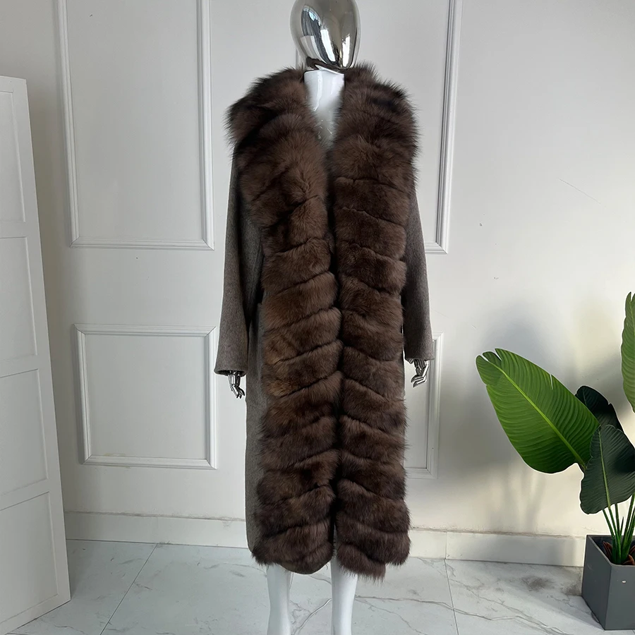 Luxury Wool Trench Coats ที่ถอดออกได้ Fox Fur Collar ขนสุนัขจิ้งจอกจริง Jacket Lady ใหม่ในแจ๊กเก็ตฤดูใบไม้ร่วง