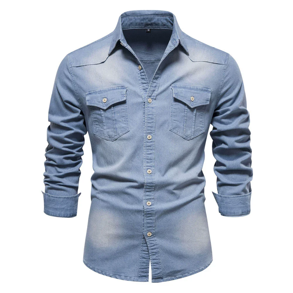 

Spring Autumn Vintage Solid Men Washed Denim Shirt Causal Full Sleeve Turn Down Collar Single Breasted Multi Pockets Shirts Man