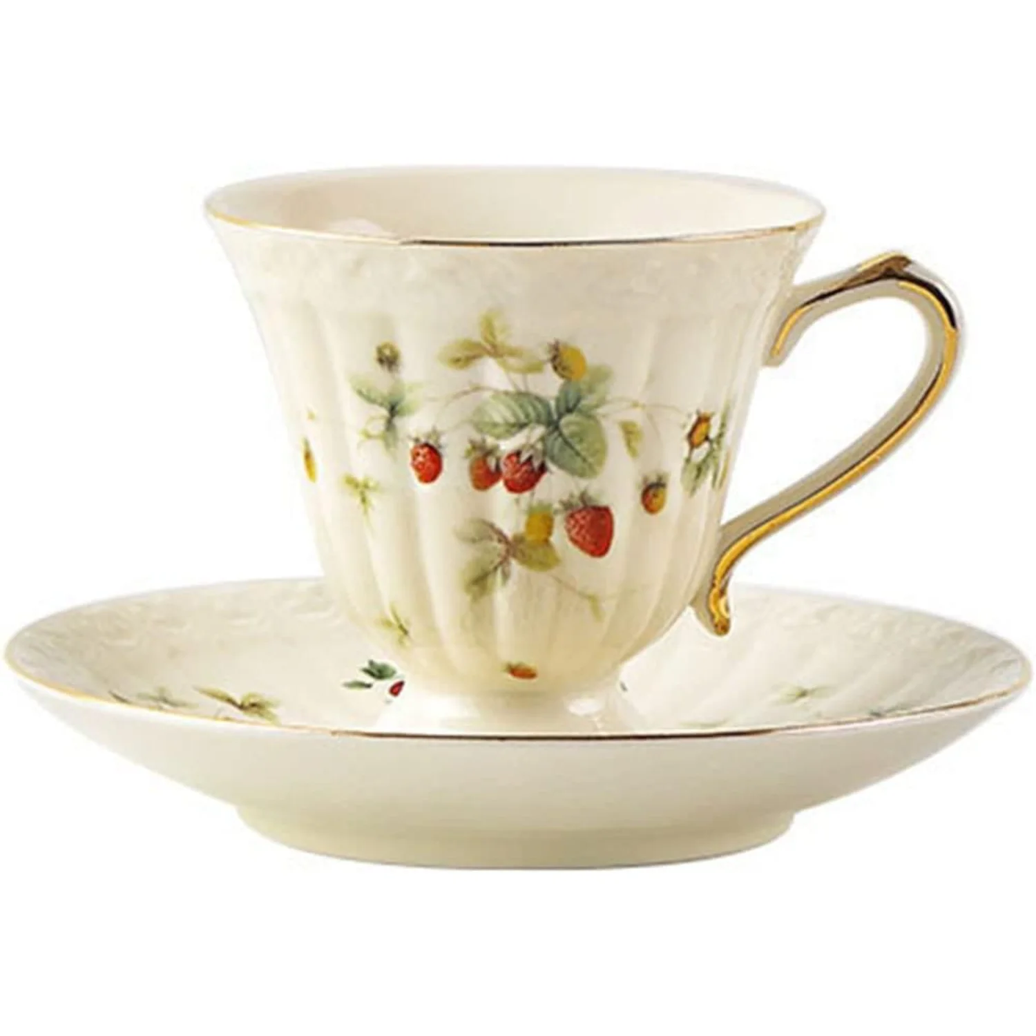 Porcelain Cup and Saucer Set with Gold , 6oz Tea Cup Coffee Mug, Cute Strawberry Pattern