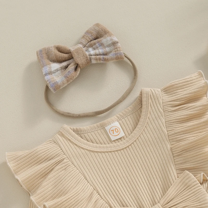 Lioraitiin Newborn Baby Girls Daily Ribbed Romper Dress Ruffle Shoulder Long Sleeve Tutu Floral Plaids Skirt Hem Jumpsuits