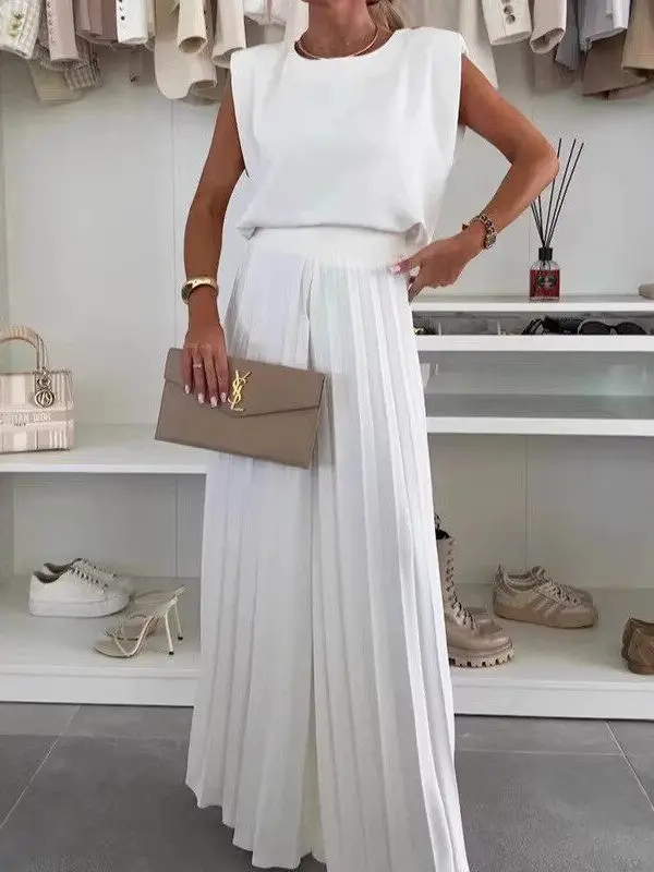 Casual round Neck Sleeveless Top And Wide Leg Pants Set mid Low Waist Straight Tube Pants PVC Material Folded  Design