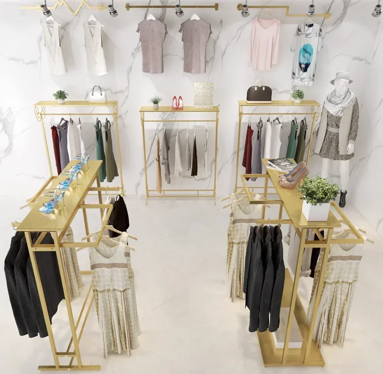 Clothing display clothes hanging pole Women's floor standing double row dedicated shelf