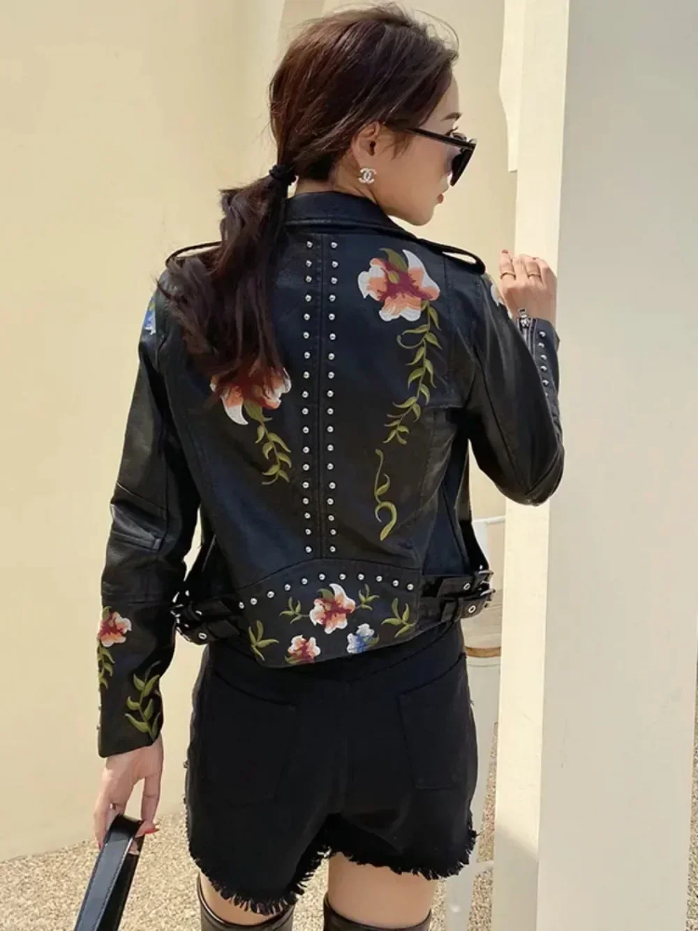 PU Leather Embroidered Rivet Coat Moto & Biker Streetwear Zipper Overcoat Women's Jackets 2024 Spring Clothes