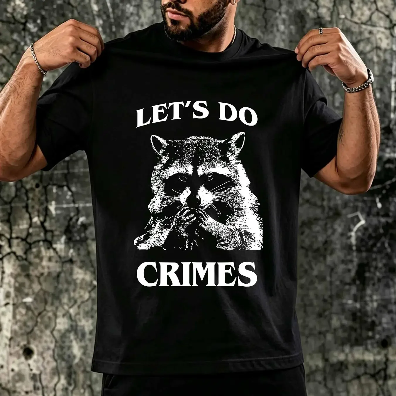 washed T Shirt Raccoon Trash Funny Racoon Let's Do Crimes Cute Animals Men long or short sleeves vintage Washed Casual Stylish