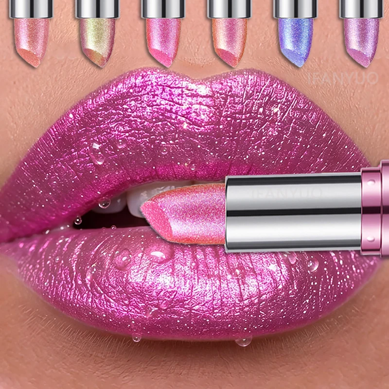 14 Farben Metallic Sparkle Lippenstift, polarisierender Glitzer, glänzender Lipgloss, wasserfest, langlebig, goldfarbener Perlenglanz, sexy Lippen-Make-up