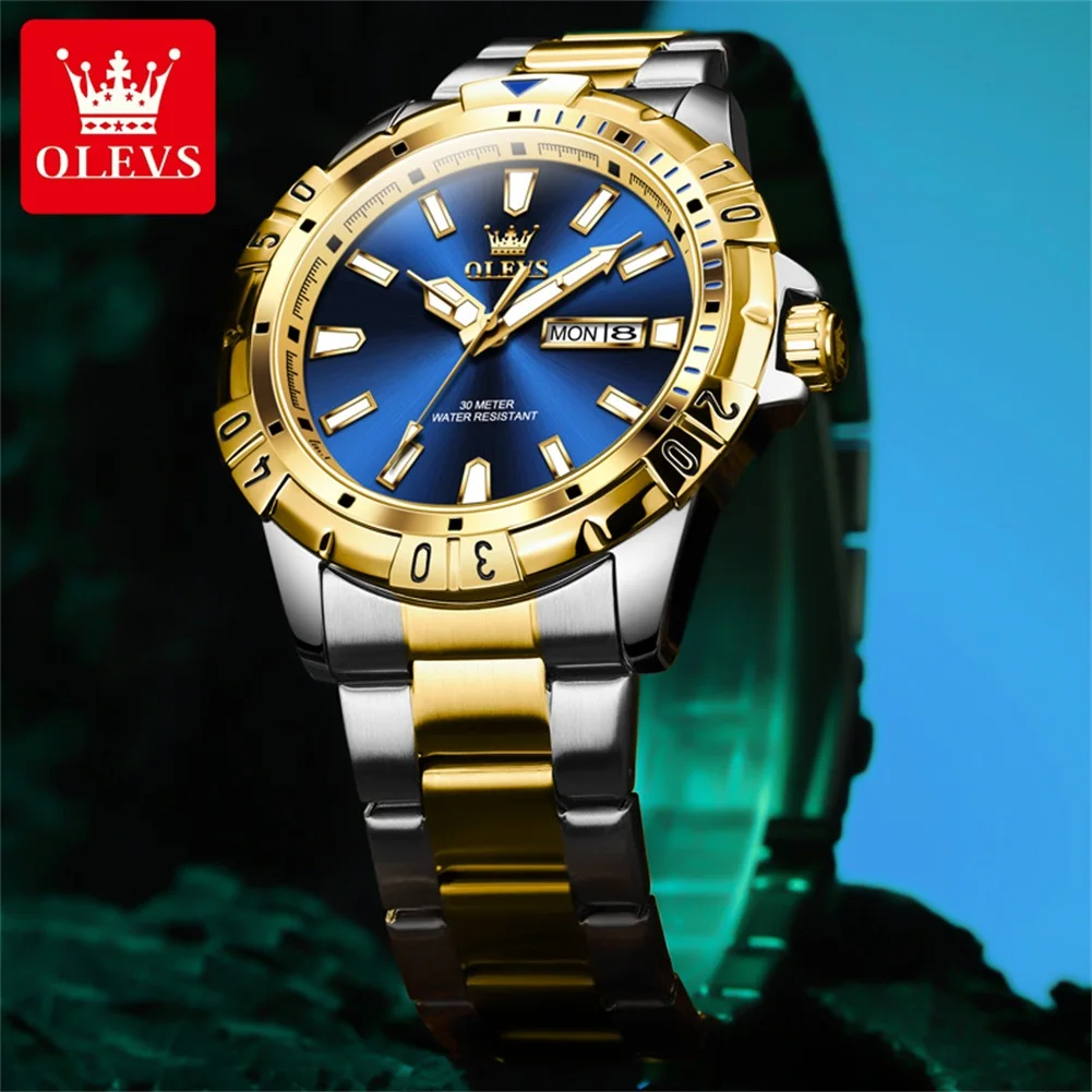 OLEVS 5560 Top Brand Fashion Men's Quartz Watch Dual Calendar Display Luminous Hour Hand Waterproof Stainless Steel Strap