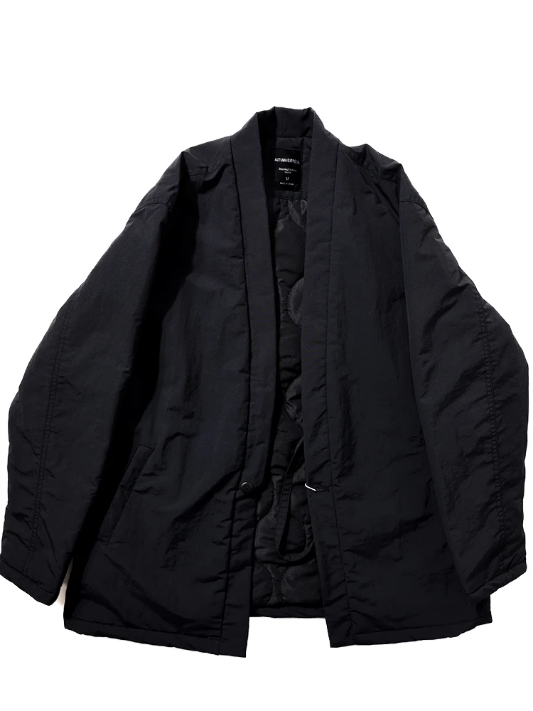 

Cool Black Japanese Style Long V-Neck Men's Cardigan Cotton Jacket Youth Casual Warm Thick Cotton Coat Button Closure