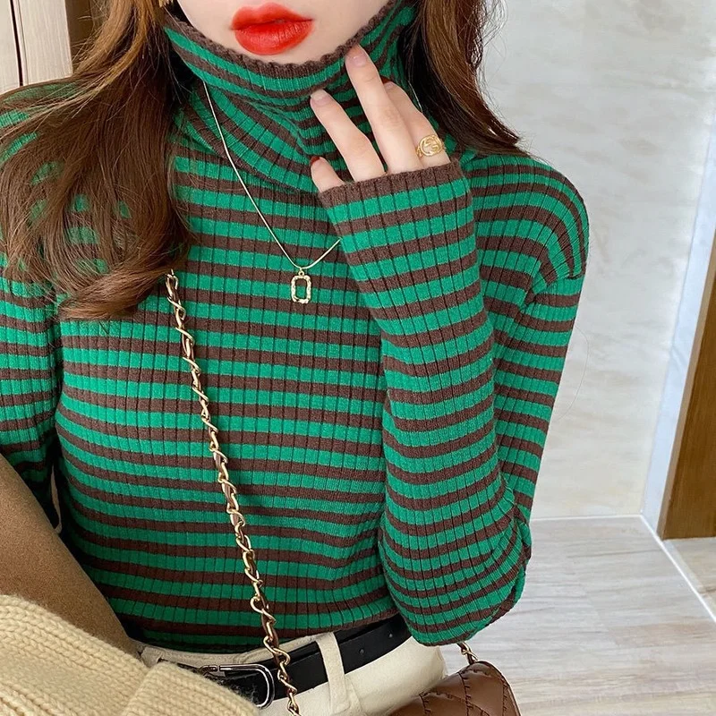 Women Striped Turtleneck Pullovers Elegant Slim All-match Simple Vintage College Autumn Gentle Fashion Design Korean Style Mujer