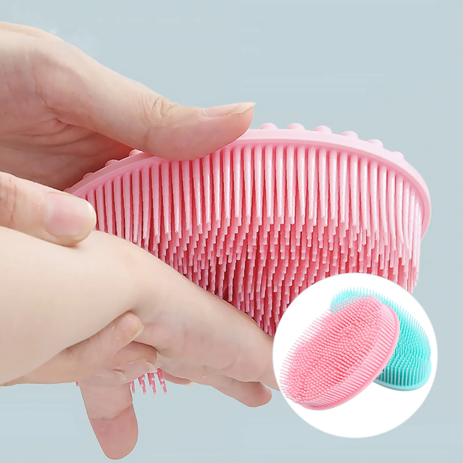 2個入り-シリコン製シャワーブラシ。前部にブラシ、後部に凸状の粒子が付いており、髪の洗浄、全身の角質除去、入浴時の使用、大人向けの頭皮マッサージに最適。