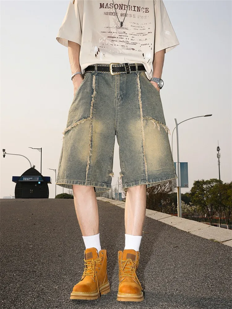 

American Style Destroyed Look Cool Men's Denim Shorts Loose Straight Cut Five Minutes Pants for Teenagers Summer Fashion
