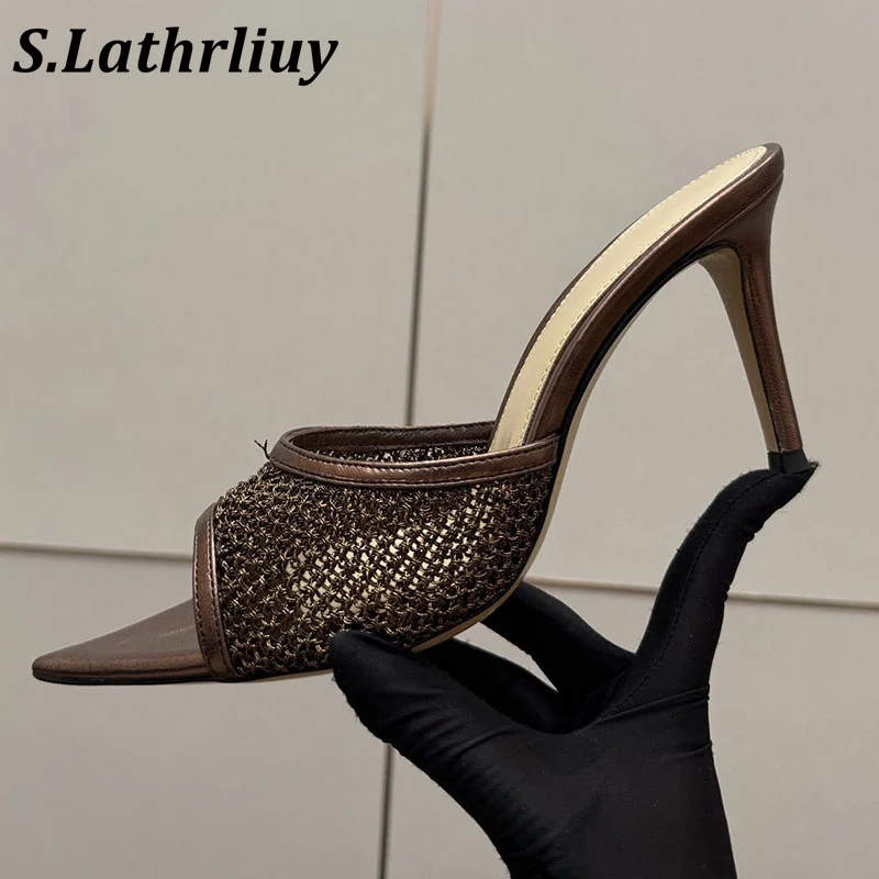 Summer women's open toed shallow mouth slippers with mesh hollow weave design high heels sandals solid color commuting shoes
