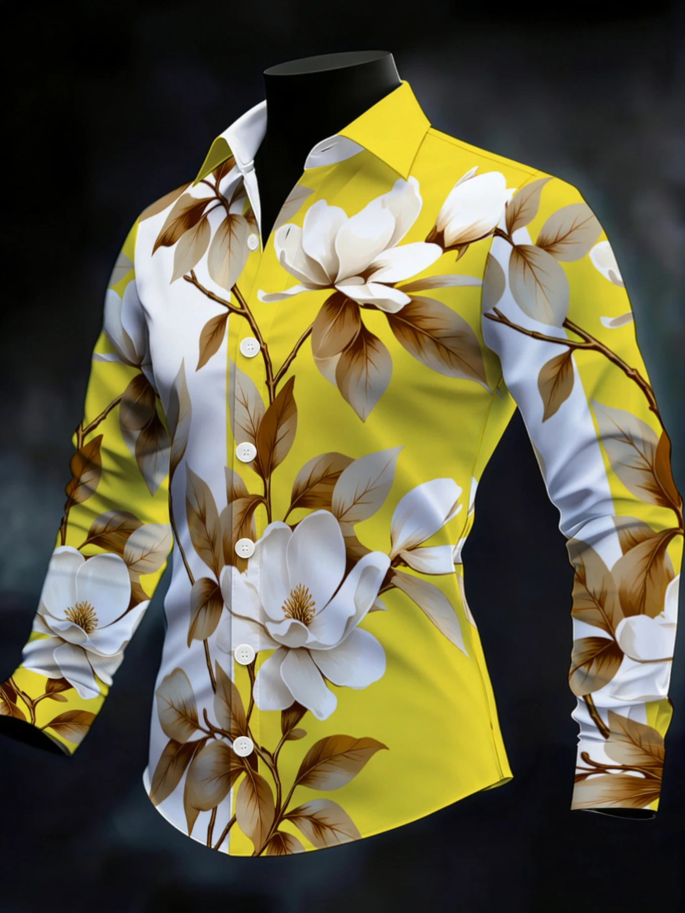 Trendy Men Button‑Up Shirt Fresh Bright Yellow Magnolia Flower Branch Art Print Polyester Holiday Party Casual
